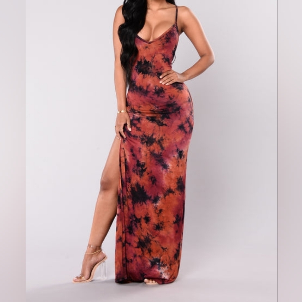 NWT Rust Tie Dye Maxi Dress - XL - Sultry Boho Goddess Side Slit Gown